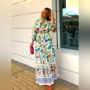 ✈️NWT Zara Linen Knot Cutouts Floral Puff poplin long sleeve Flare coastal print